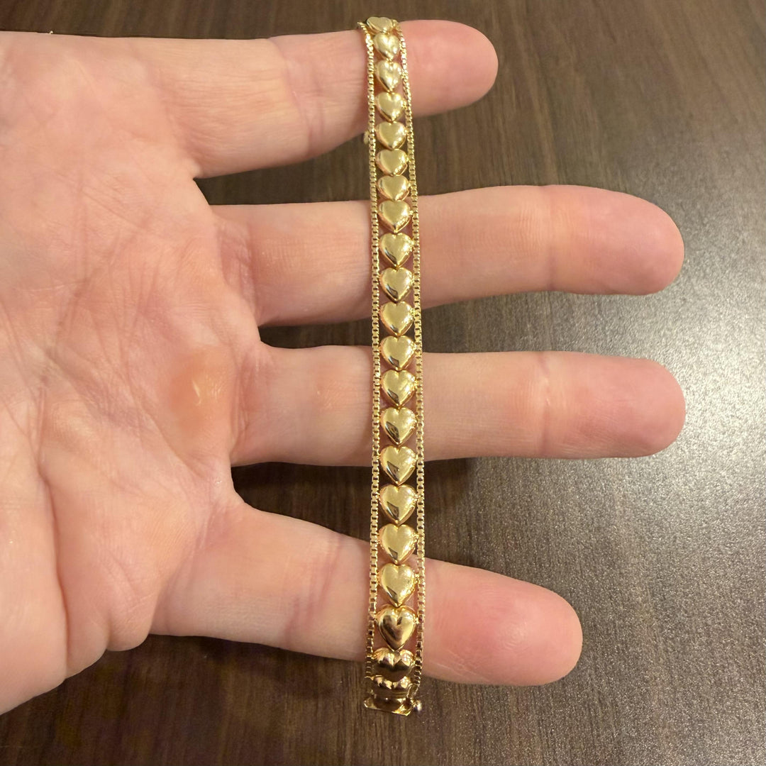 14k Yellow Gold 8g Ladies Box Link Heart Charm Bracelet Italy 7"