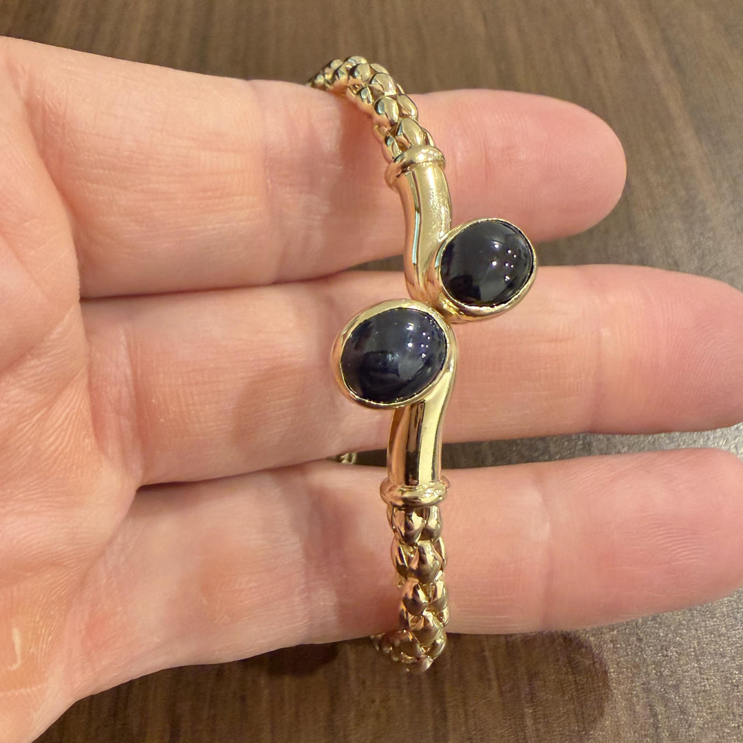 14k Yellow Gold and Cabochon Sapphire 15.4g Flex Bypass Bangle Italy 7"
