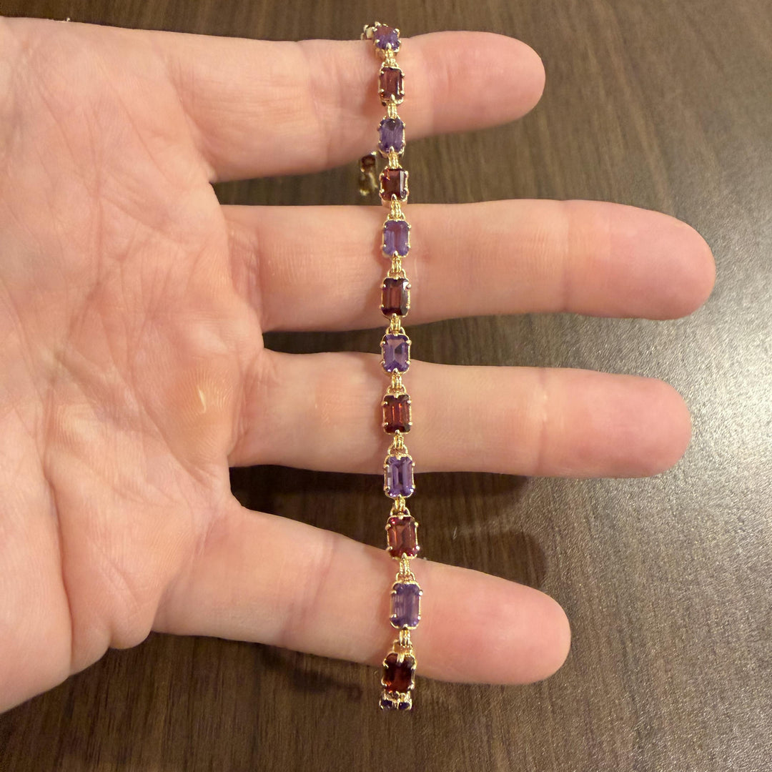 14k Yellow Gold 9g Ladies Amethyst and Garnet Link Bracelet 7.5"