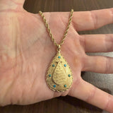 14k Yellow Gold and Turquoise Vintage Locket Pendant Rope Necklace 24"