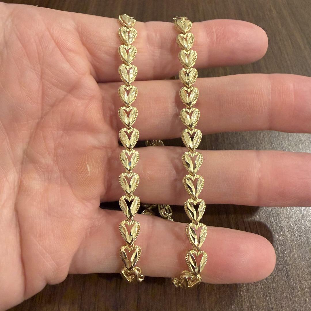 14k Yellow Gold 18.6g Solid Ladies 7mm Diamond Cut Heart Link Necklace 17"