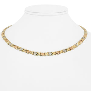 14k Yellow White and Rose Gold 16.3g Hugs and Kisses XO Link Necklace 17"
