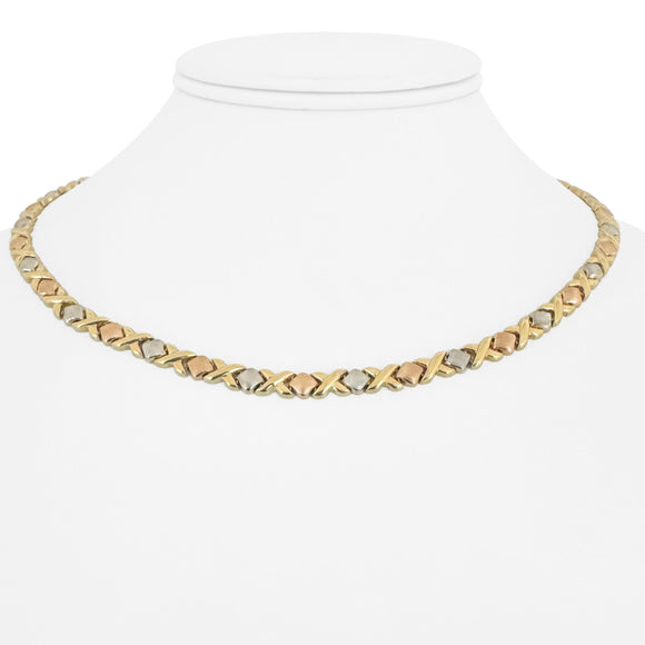 14k Yellow White and Rose Gold 16.3g Hugs and Kisses XO Link Necklace 17