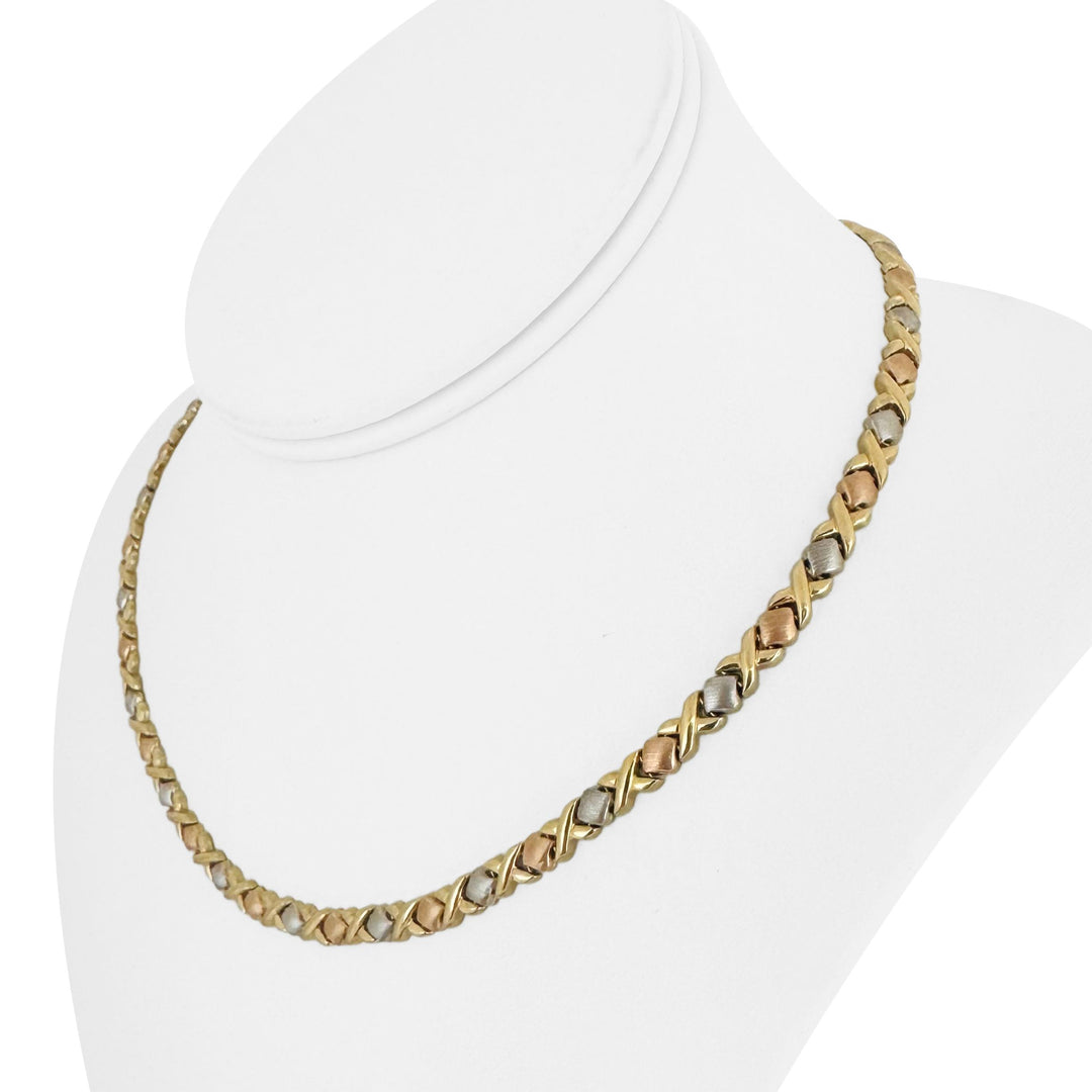 14k Yellow White and Rose Gold 16.3g Hugs and Kisses XO Link Necklace 17"