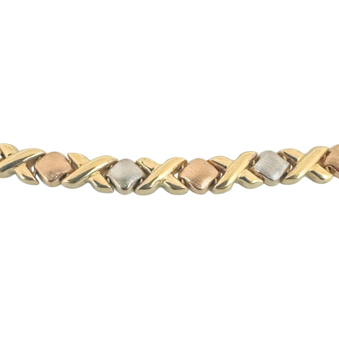 14k Yellow White and Rose Gold 16.3g Hugs and Kisses XO Link Necklace 17"