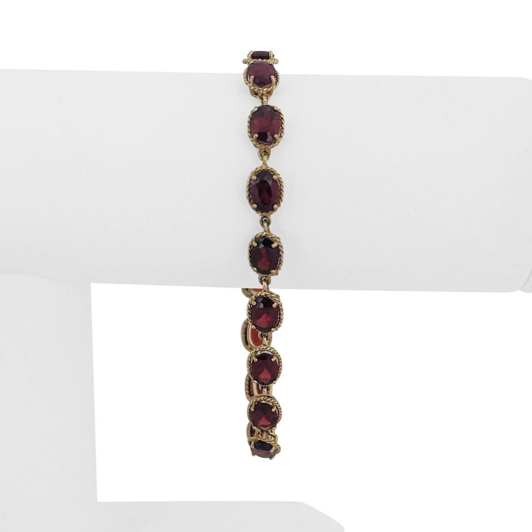 14k Yellow Gold 8.8g Oval Cut Garnet Vintage Ladies Link Bracelet 7.5"