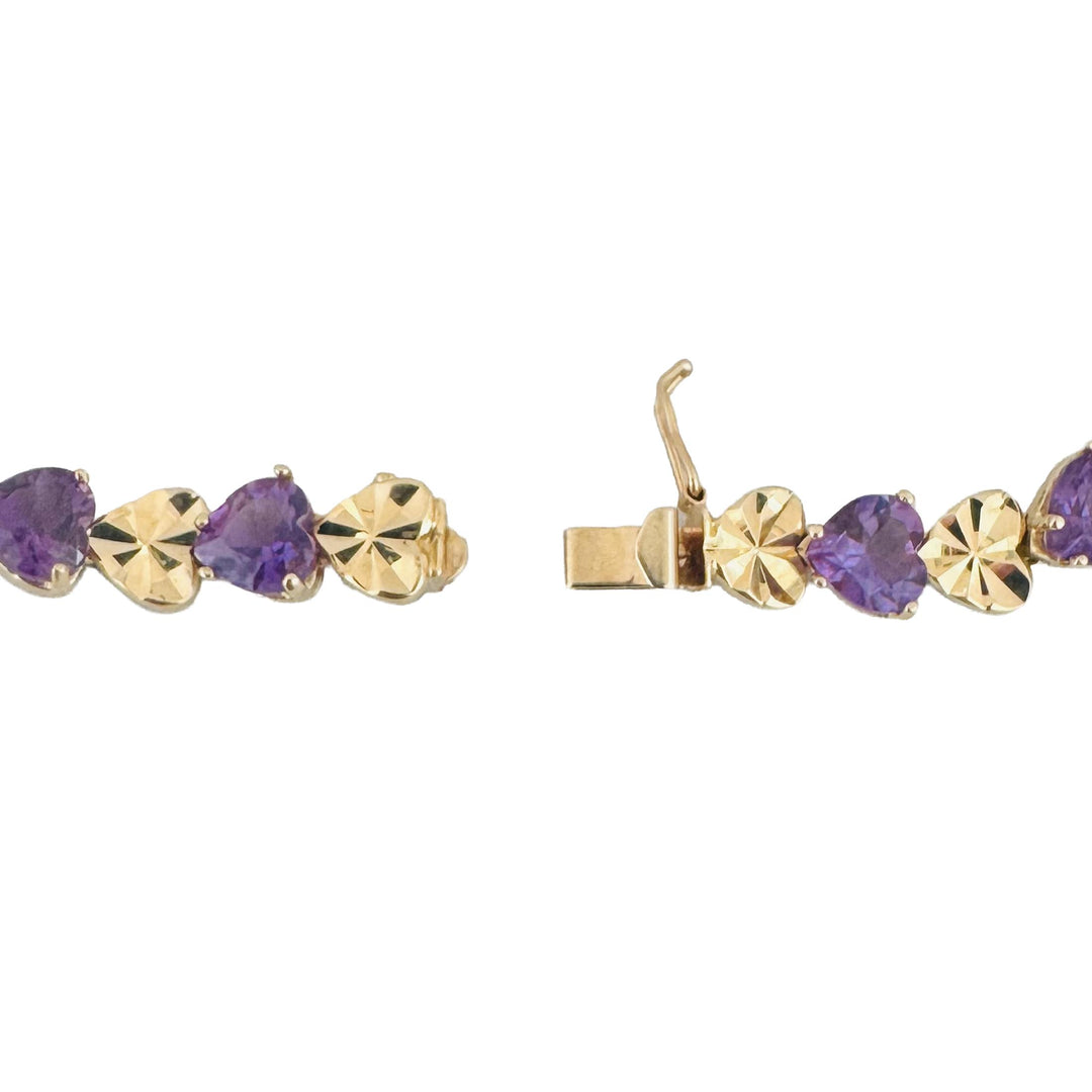 14k Yellow Gold 10.3g Heart Cut Amethyst 6.5mm Ladies Link Bracelet 7.25"