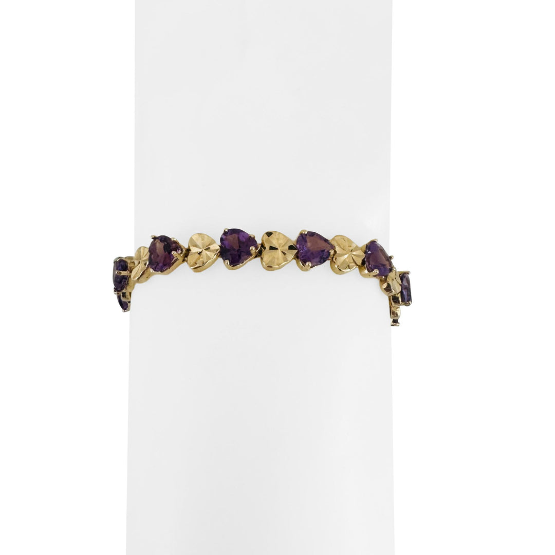 14k Yellow Gold 10.3g Heart Cut Amethyst 6.5mm Ladies Link Bracelet 7.25"