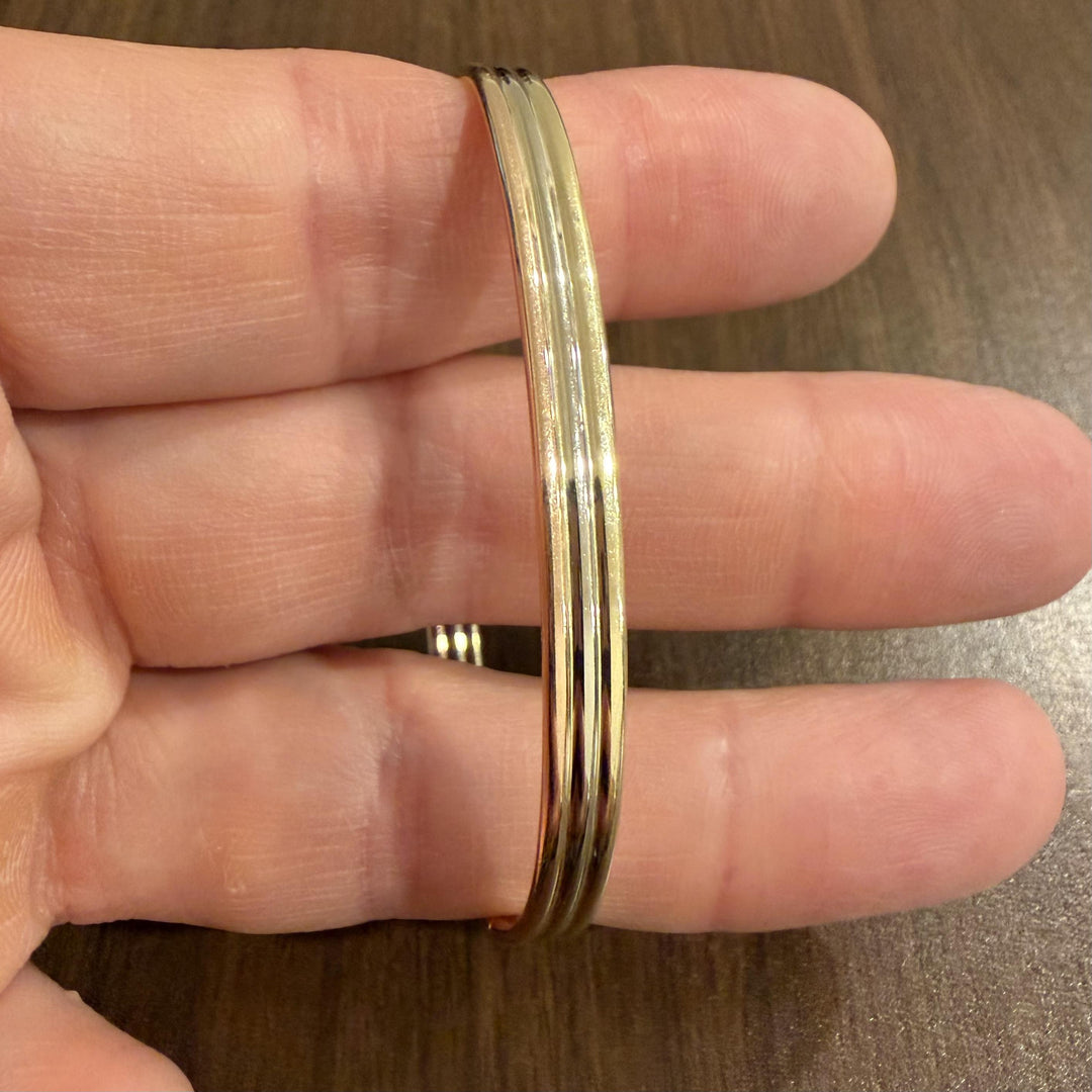 14k Yellow White and Rose Gold 10g Ribbed Bangle Bracelet Italy 7"