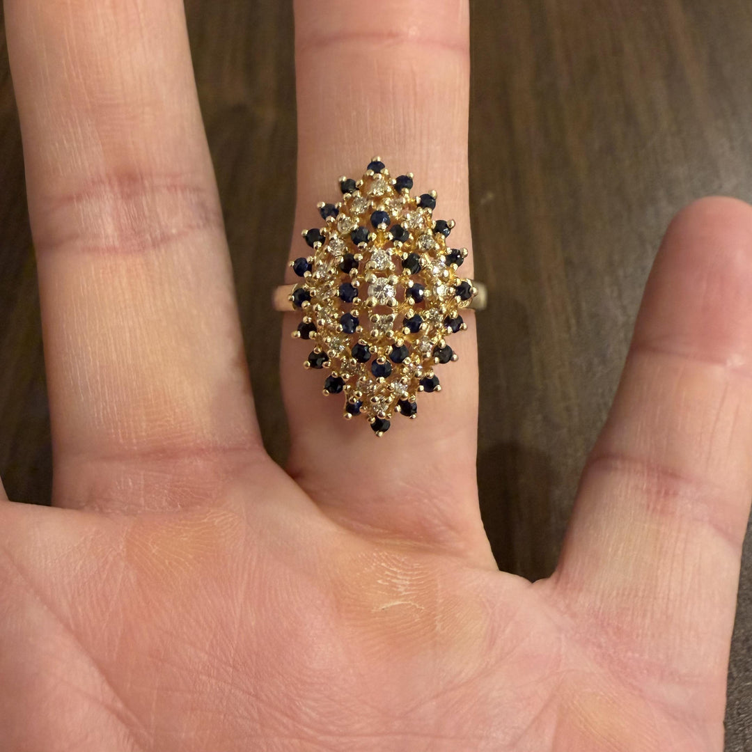 14k Yellow Gold Sapphire and 0.30cttw Diamond Cluster Ring Size 11