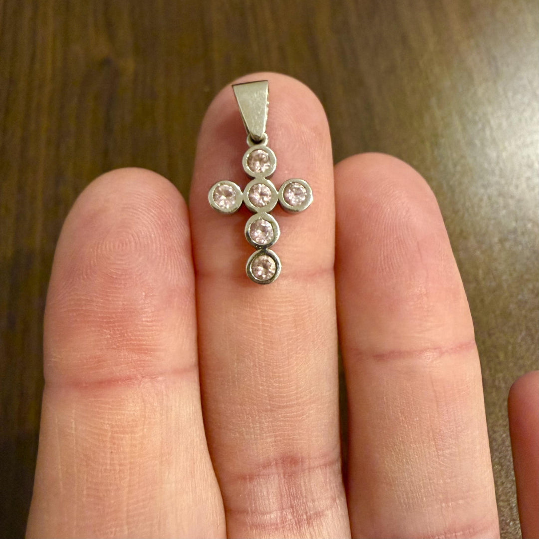 14k White Gold and Bezel Set Pink Quartz Cross Pendant 1"