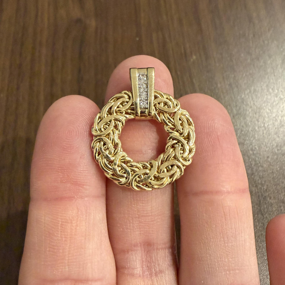 14k Yellow Gold and Diamond Byzantine Circle Pendant 1.2"