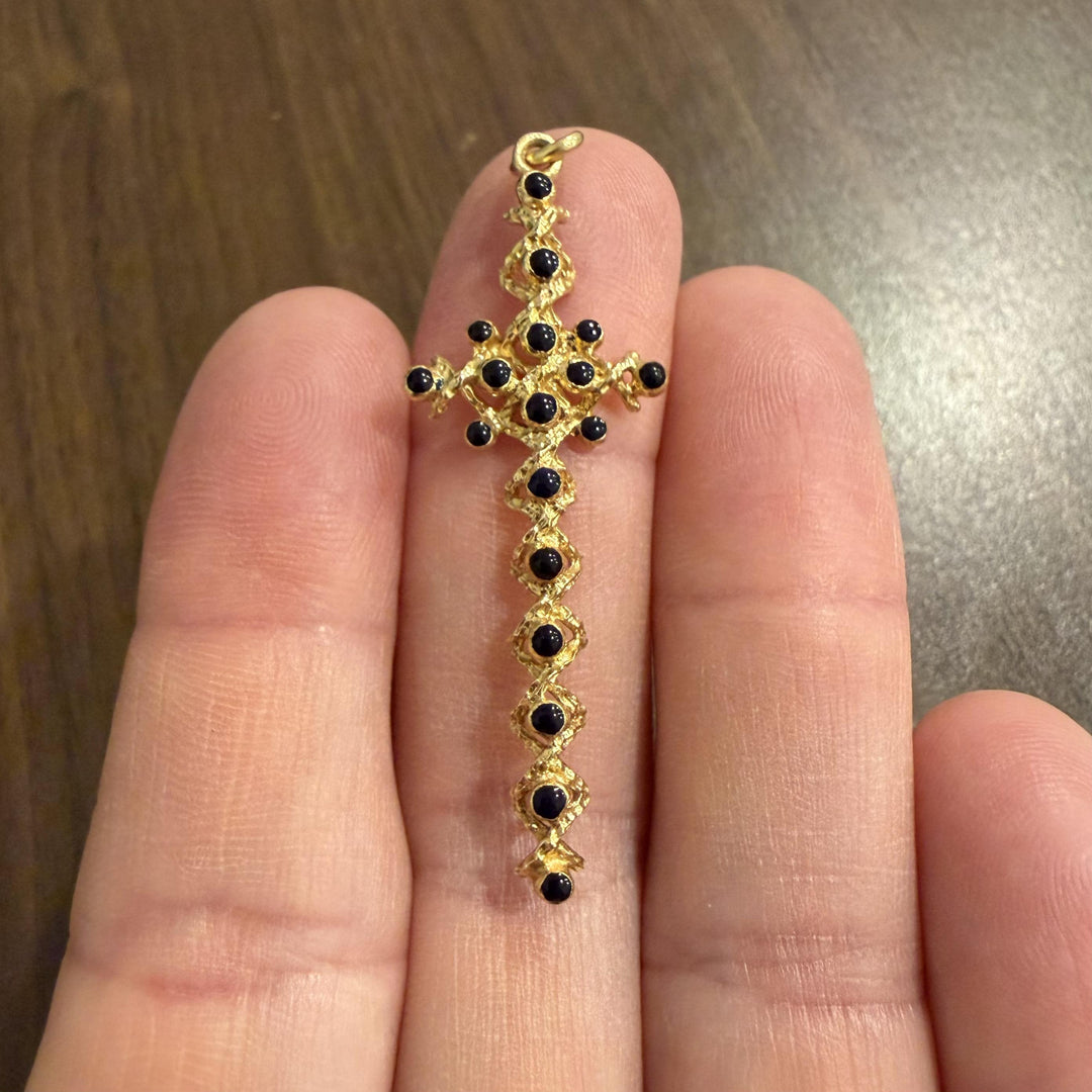 18k Yellow Gold and Black Enamel Vintage Long Cross Pendant 2.25"
