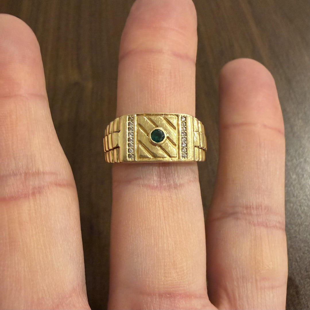 18k Yellow Gold Emerald and Diamond Men's Ring Size 10.25