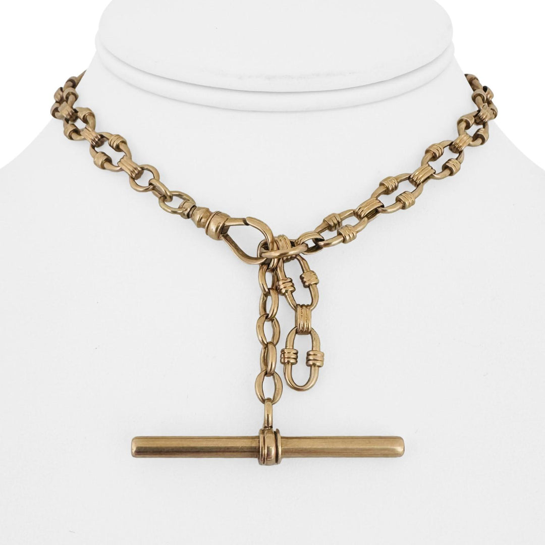 14k Yellow Gold 34.4g Vintage Solid Fancy Link T Bar Dog Clip Watch Chain 14"