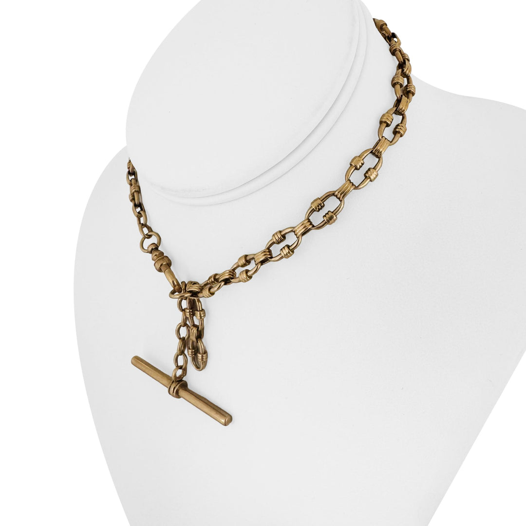 14k Yellow Gold 34.4g Vintage Solid Fancy Link T Bar Dog Clip Watch Chain 14"