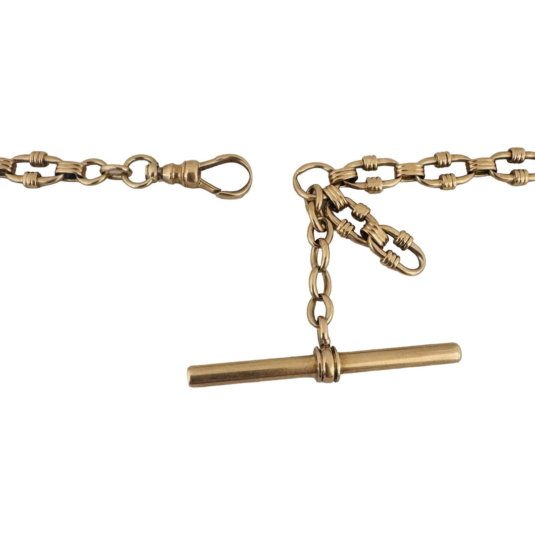 14k Yellow Gold 34.4g Vintage Solid Fancy Link T Bar Dog Clip Watch Chain 14"