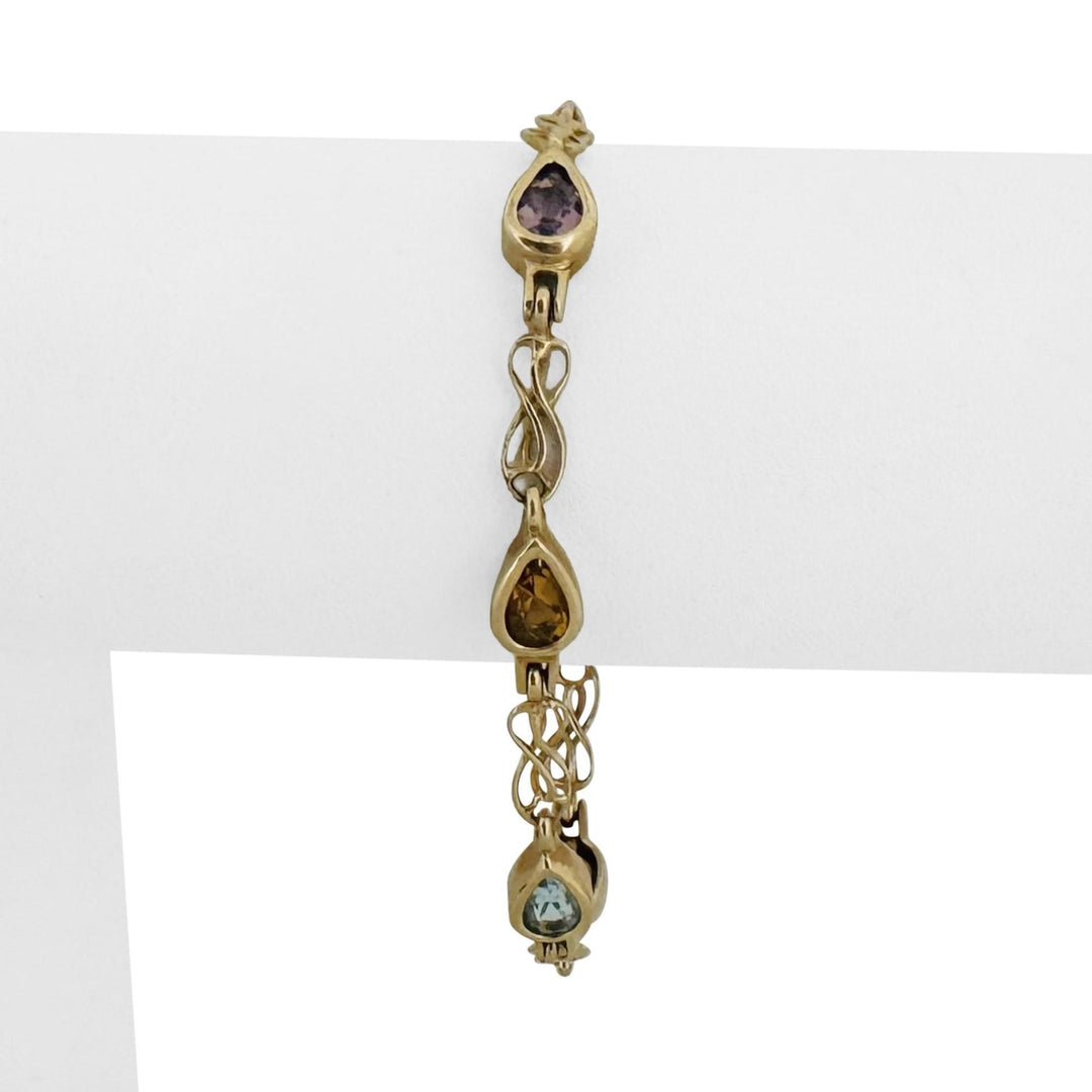 14k Yellow Gold 10.3g Pear Cut Bezel Set Multi Gemstone Link Bracelet 7.25"