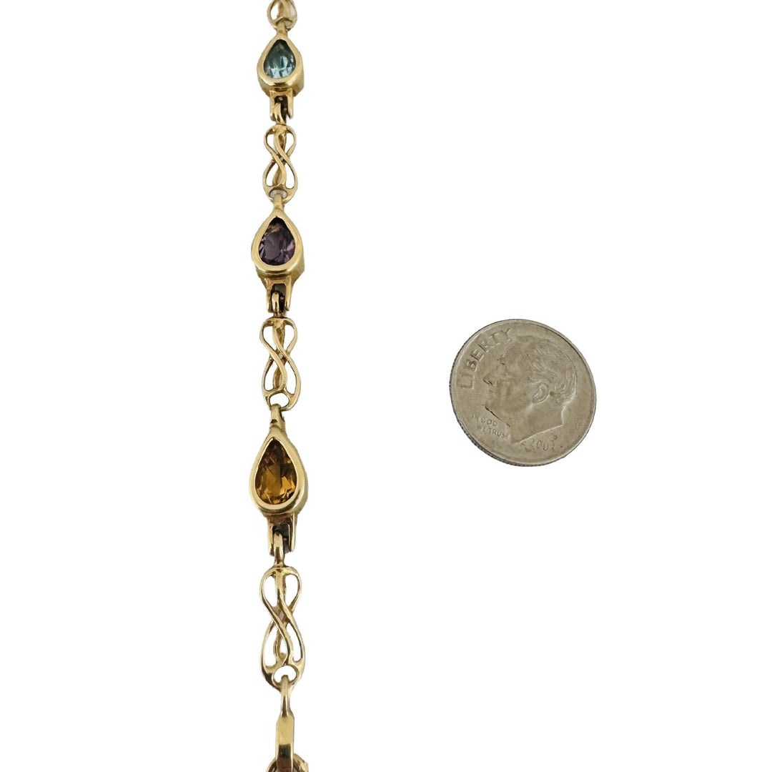 14k Yellow Gold 10.3g Pear Cut Bezel Set Multi Gemstone Link Bracelet 7.25"