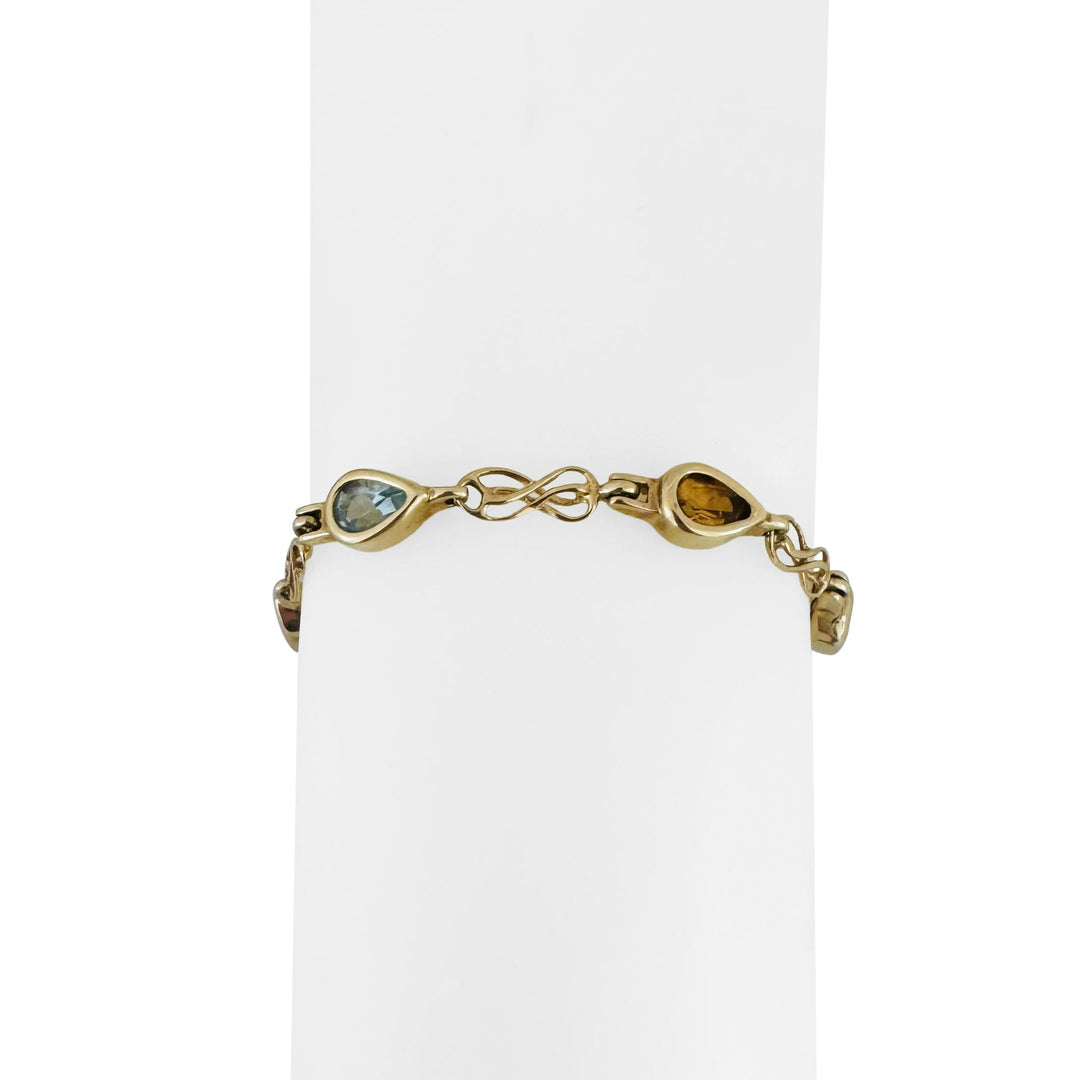 14k Yellow Gold 10.3g Pear Cut Bezel Set Multi Gemstone Link Bracelet 7.25"