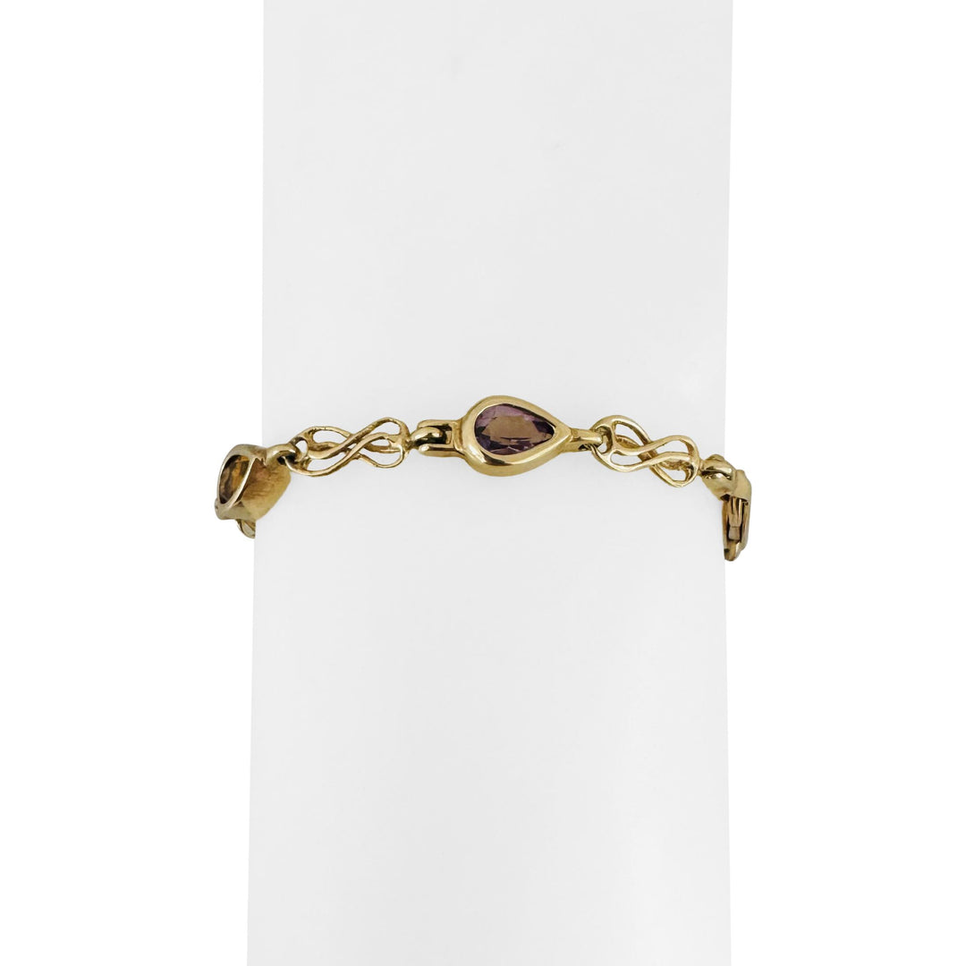 14k Yellow Gold 10.3g Pear Cut Bezel Set Multi Gemstone Link Bracelet 7.25"
