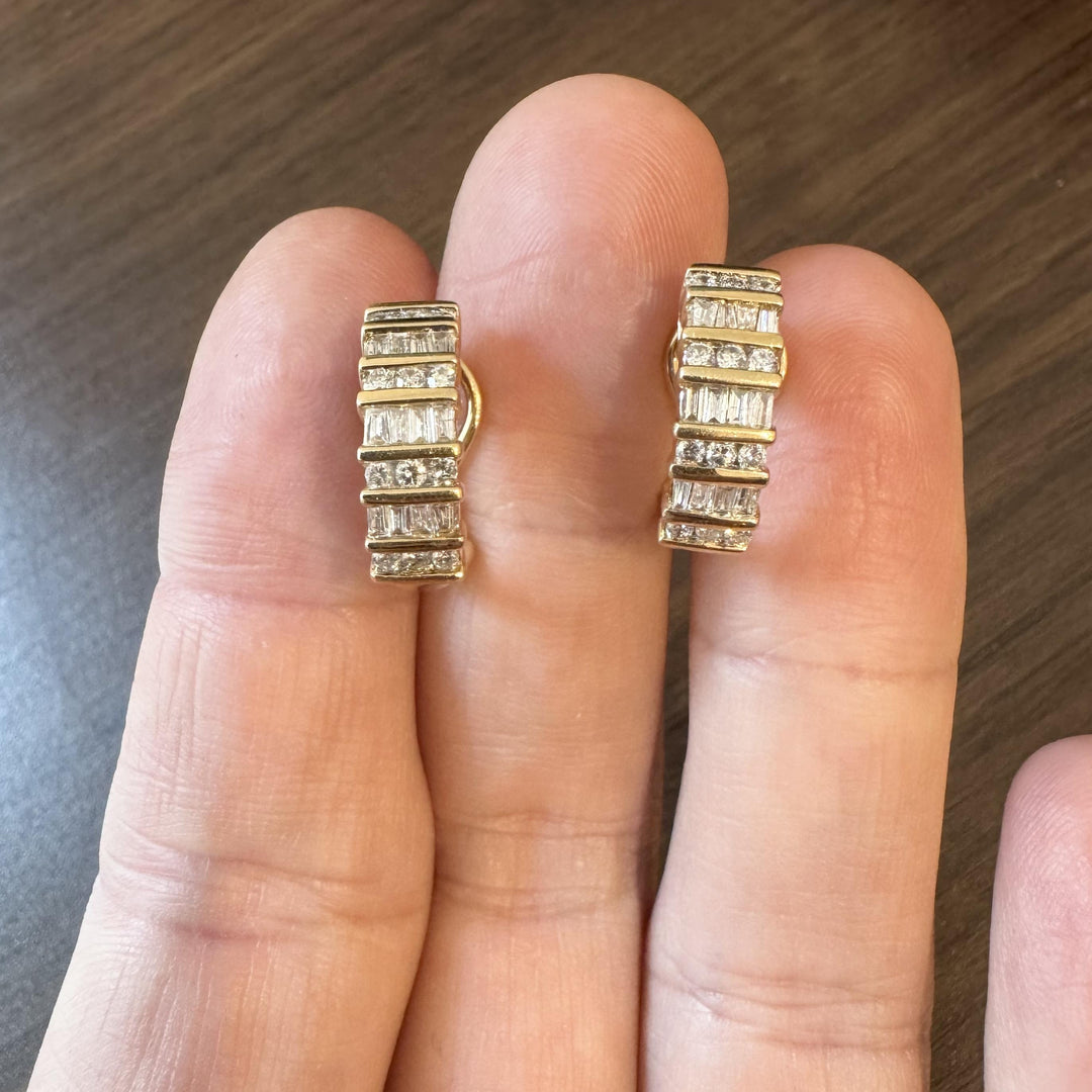 14k Yellow Gold and 1cttw Round and Baguette Diamond Huggie Earrings