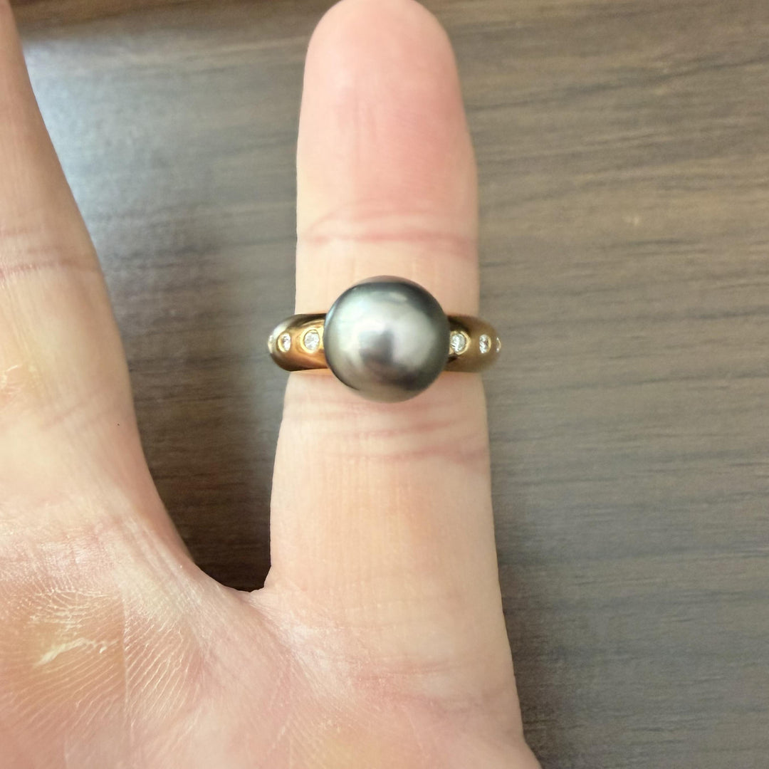 18k Yellow Gold Tahitian Pearl and Diamond Vintage Ring Size 6
