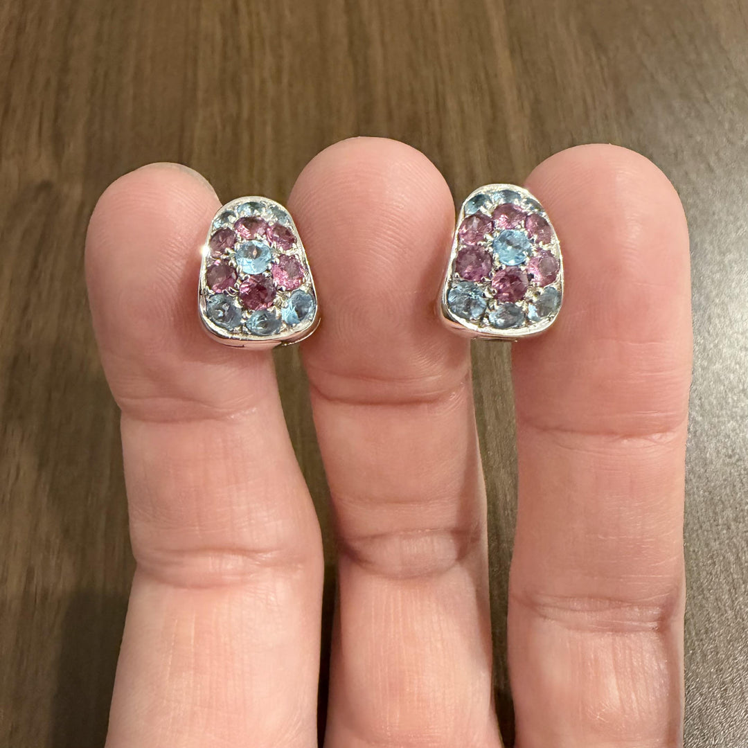 18k White Gold Blue Topaz and Pink Tourmaline Solid Huggie Earrings Italy