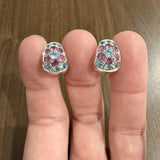 18k White Gold Blue Topaz and Pink Tourmaline Solid Huggie Earrings Italy