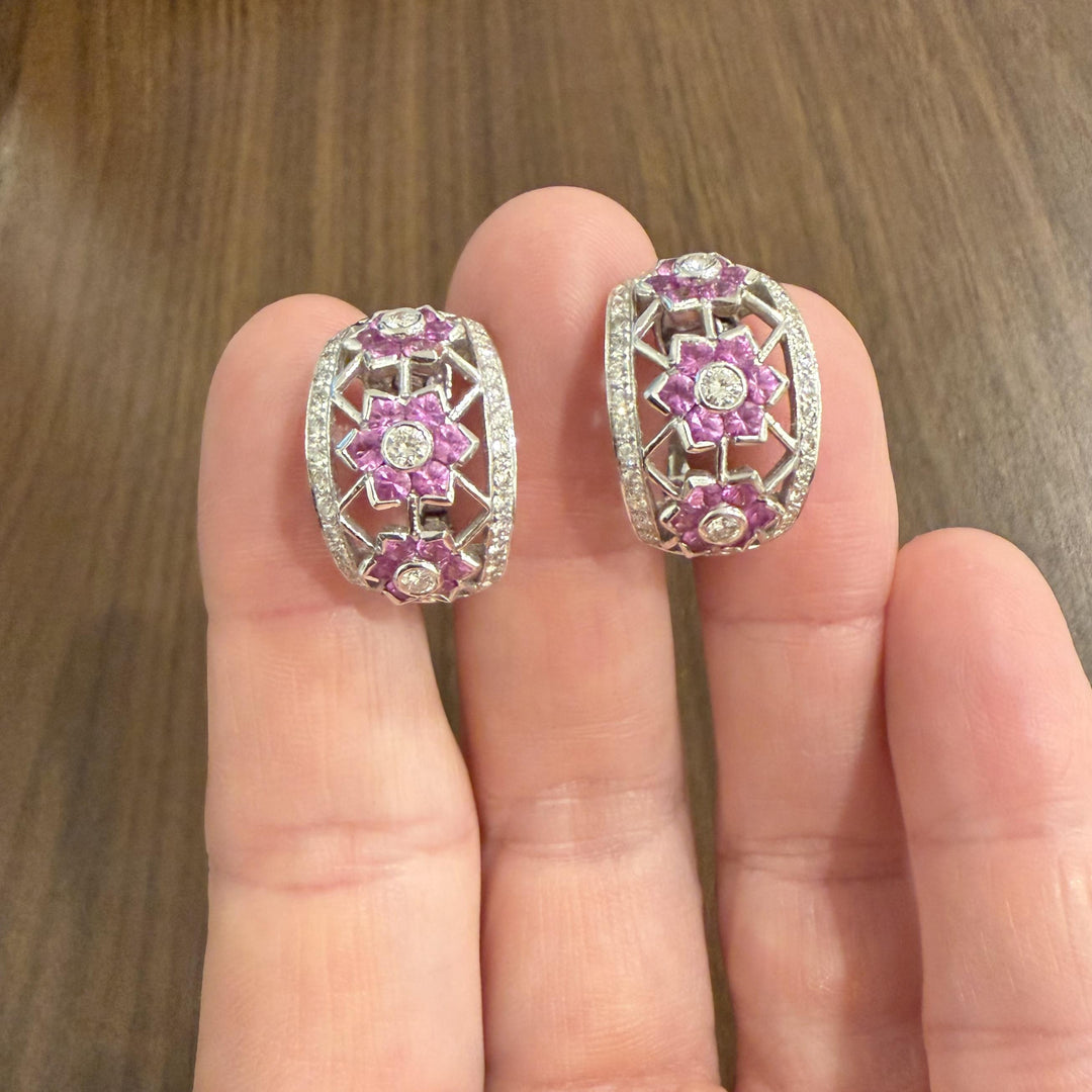 18k White Gold Pink Sapphire and 1.75cttw Diamond Heavy Hoop Earrings