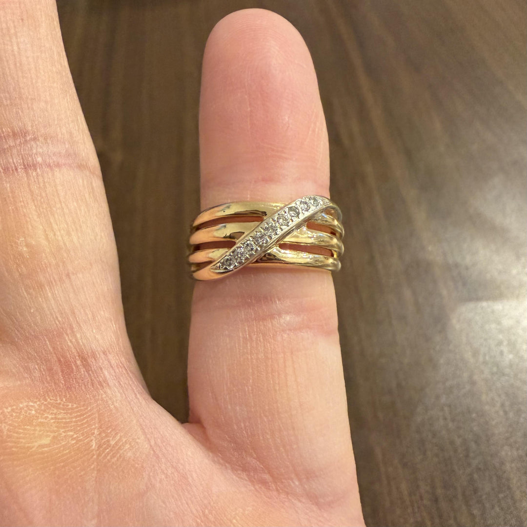 14k Yellow and White Gold Diamond Crossover Band Ring Size 6