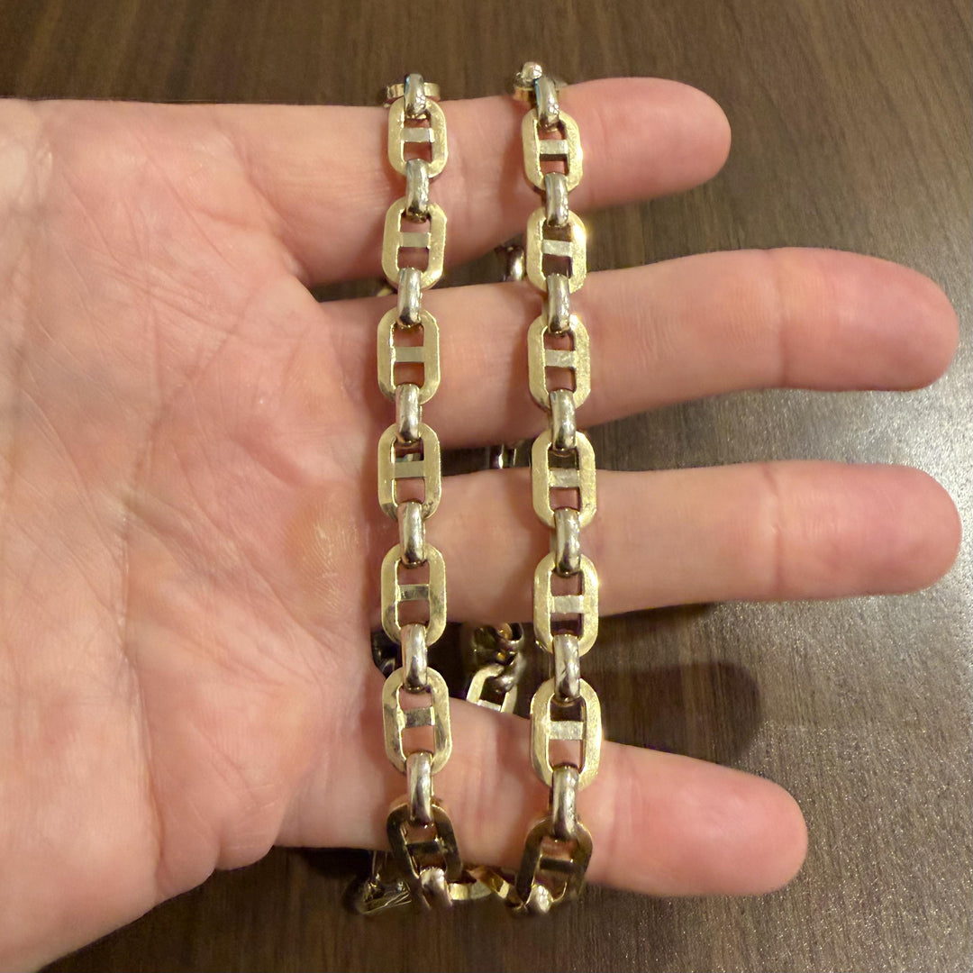 14k Yellow and White Gold 29g Hollow Mariner Link Chain Necklace Italy 24"