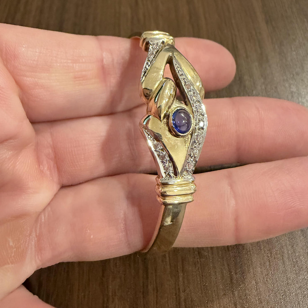 14k Yellow Gold 17.5g Cabochon Sapphire and Diamond Bangle Bracelet 7"