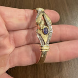 14k Yellow Gold 17.5g Cabochon Sapphire and Diamond Bangle Bracelet 7"