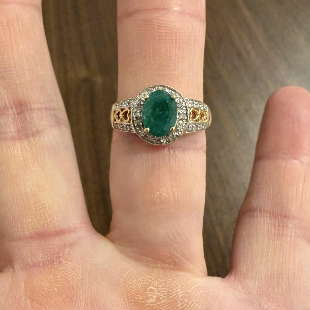 14k Yellow and White Gold Emerald and Diamond Ladies Fancy Ring Size 9