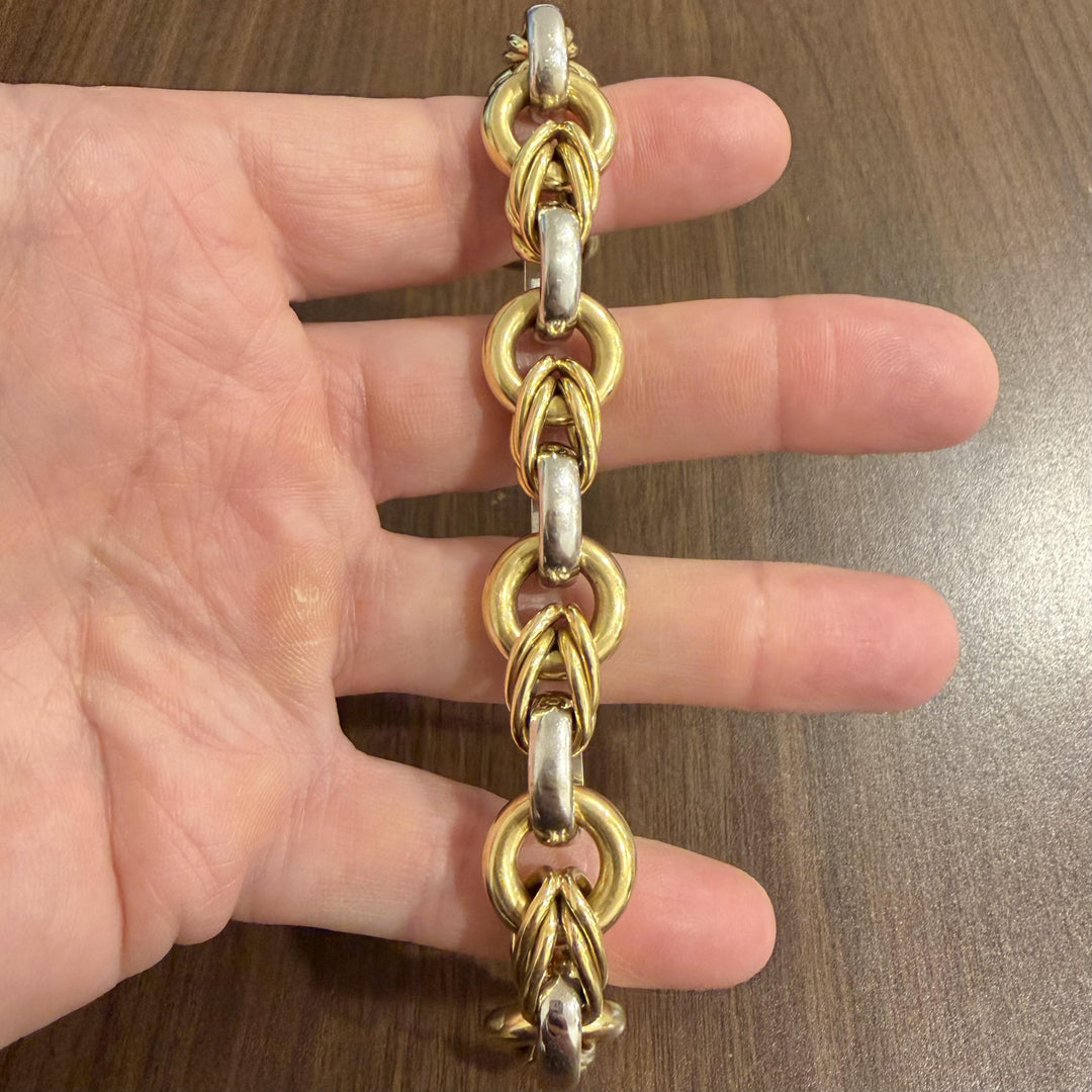 18k Yellow and White Gold 45.3g Heavy Thick Vintage Fancy Link Bracelet Italy 8"