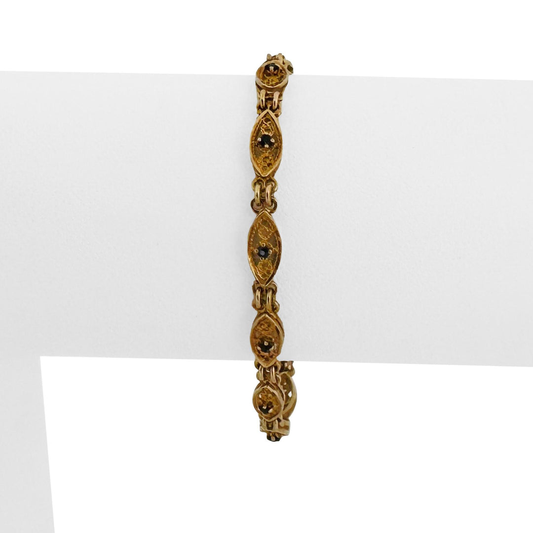 18k Yellow Gold and Sapphire 7.2g Vintage Filigree Fancy Link Bracelet 6.25"