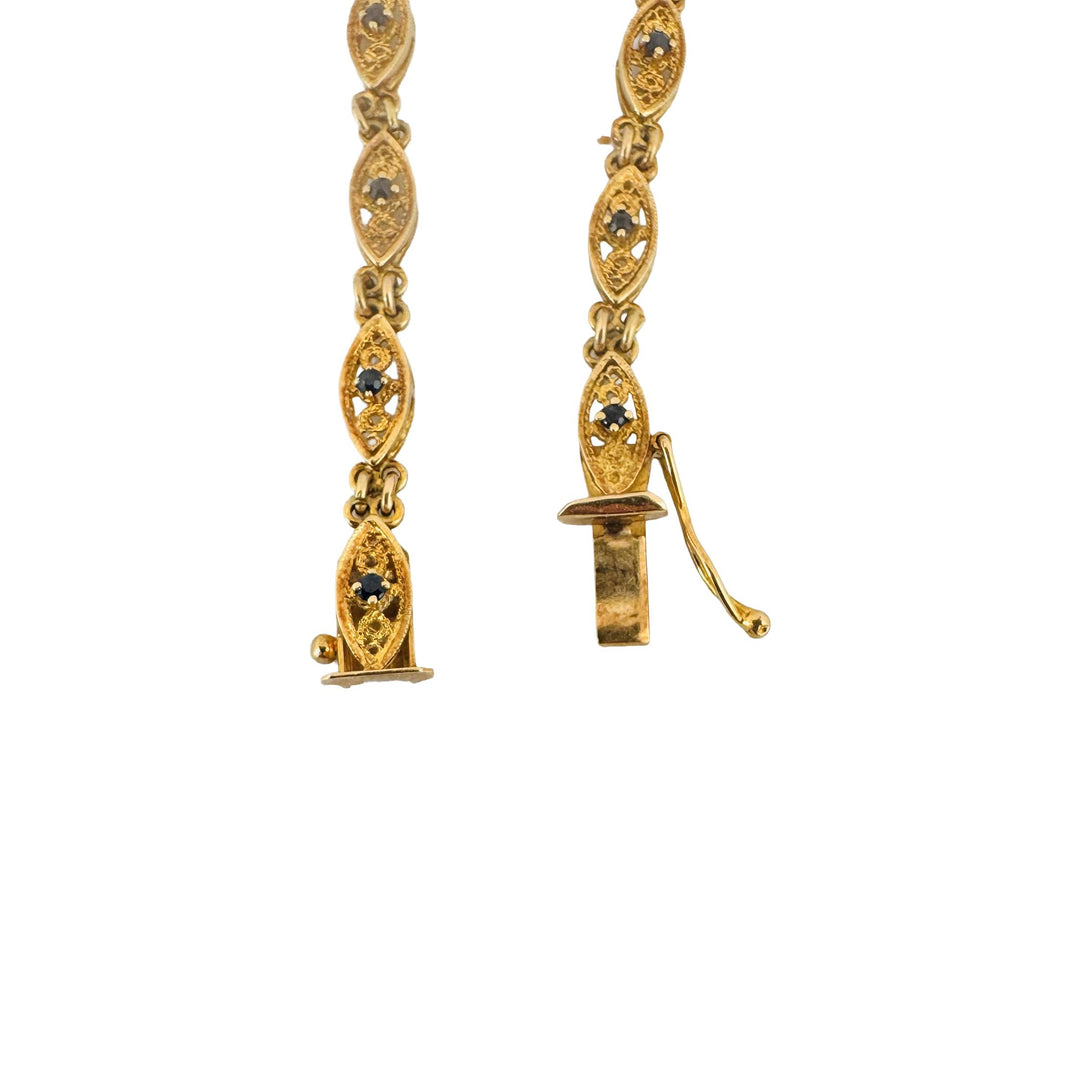 18k Yellow Gold and Sapphire 7.2g Vintage Filigree Fancy Link Bracelet 6.25"
