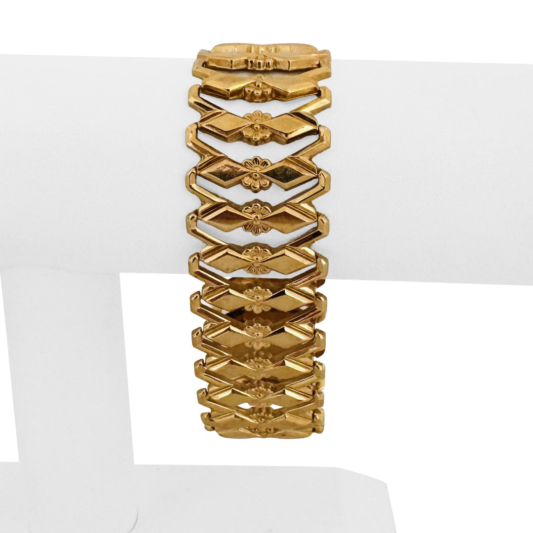 18k Yellow Gold 33g Heavy Vintage 25mm Floral Fancy Link Bracelet Italy 7.5"