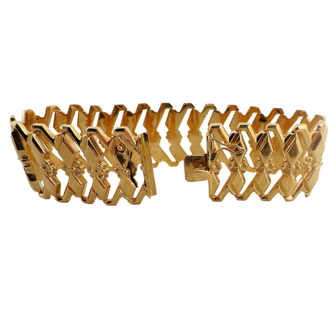 18k Yellow Gold 33g Heavy Vintage 25mm Floral Fancy Link Bracelet Italy 7.5"