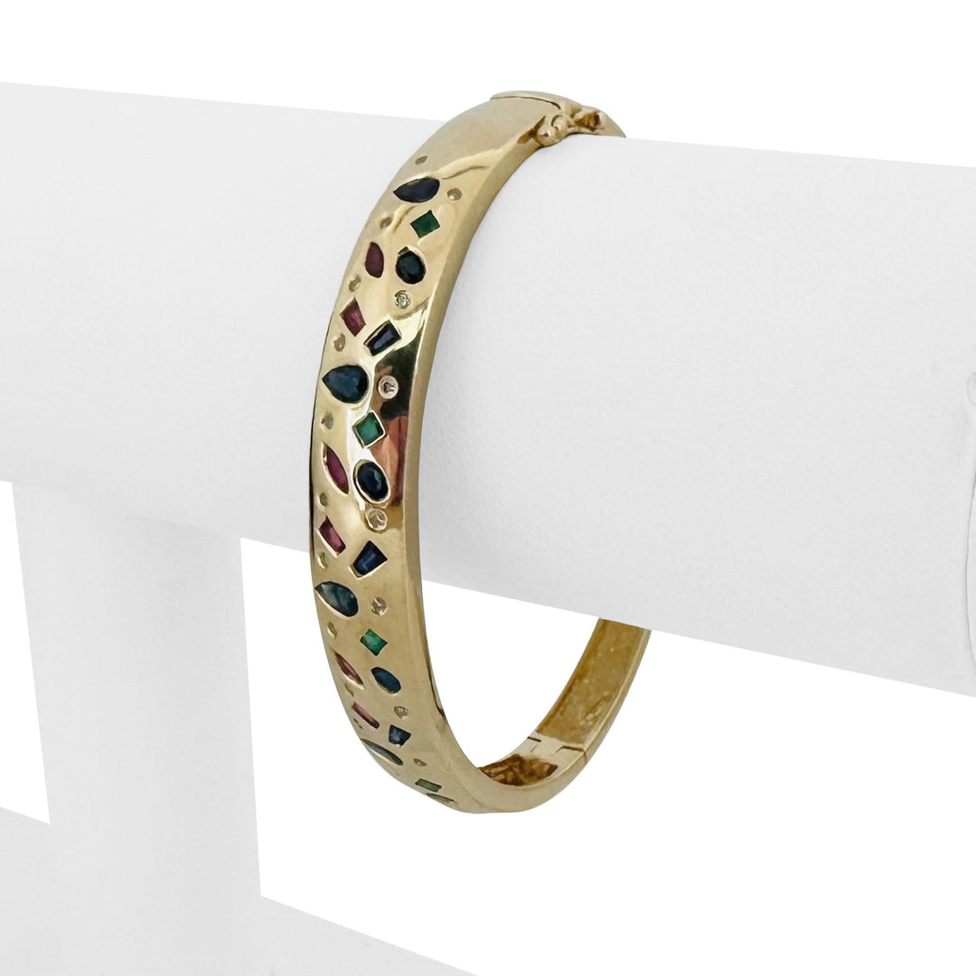 14k Yellow Gold 20g Multi Gemstone and Diamond Bangle Bracelet 6.75"
