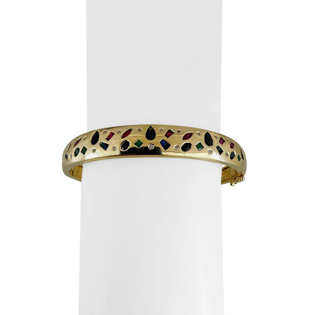 14k Yellow Gold 20g Multi Gemstone and Diamond Bangle Bracelet 6.75"