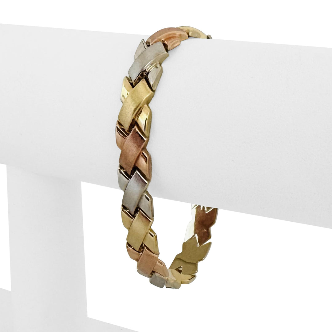 14k Tri Tone Gold 9.7g Brushed Finish 8mm Fancy X Link Bracelet Turkey 7"
