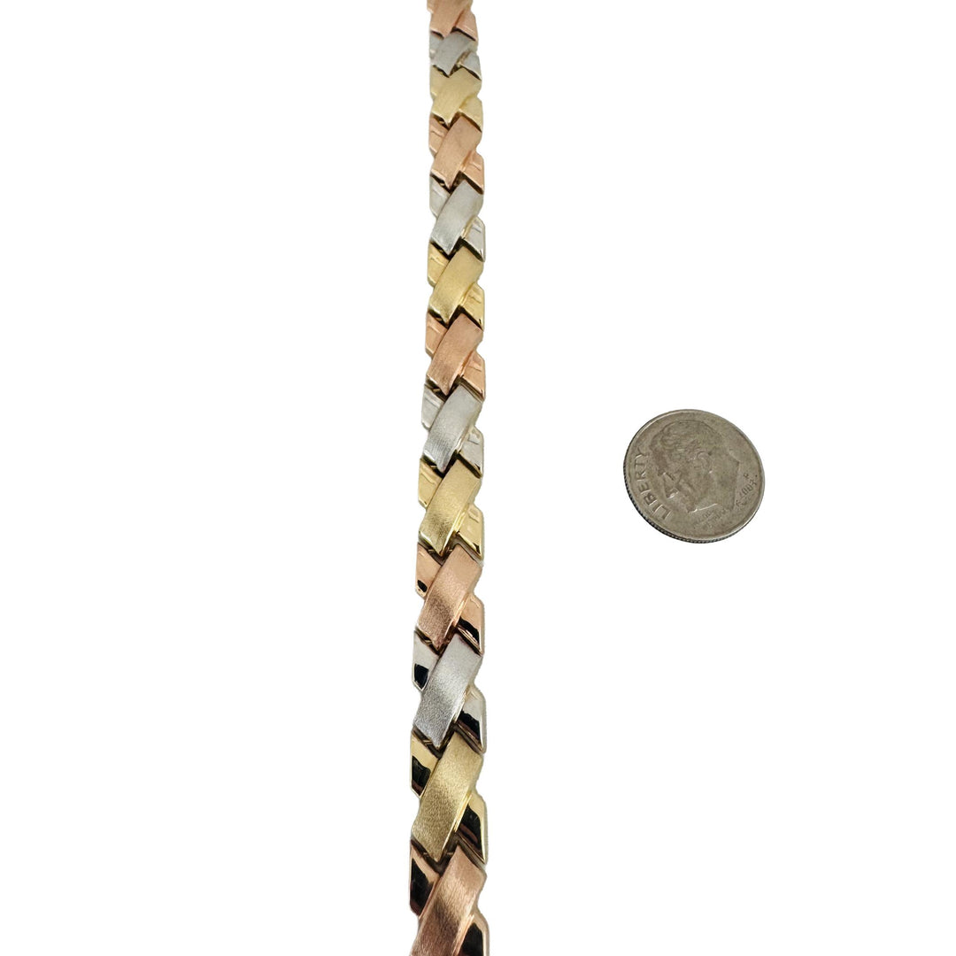 14k Tri Tone Gold 9.7g Brushed Finish 8mm Fancy X Link Bracelet Turkey 7"