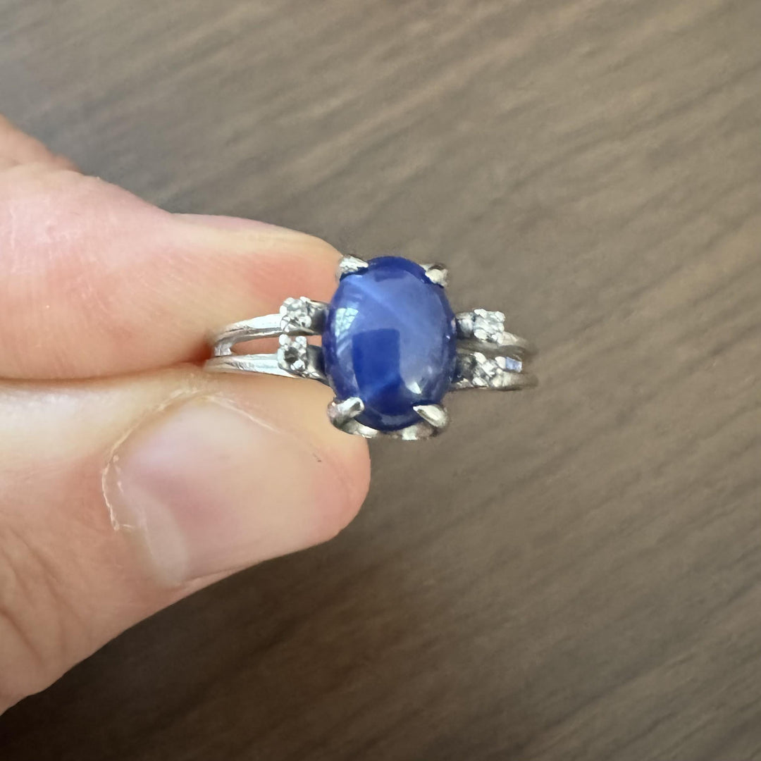 14k White Gold Blue Star Sapphire and Diamond Ring Size 9