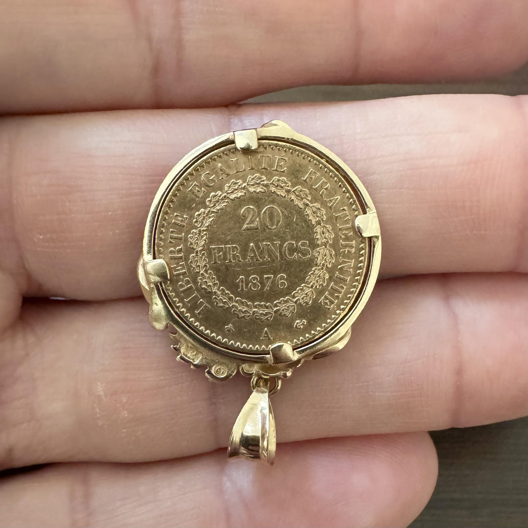 14k Yellow Gold and 21.6k Gold 1876 20 French Francs Gold Coin Pendant