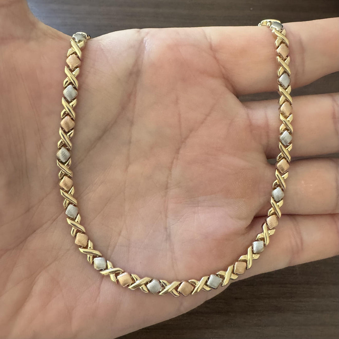 14k Yellow White and Rose Gold 16.3g Hugs and Kisses XO Link Necklace 17"