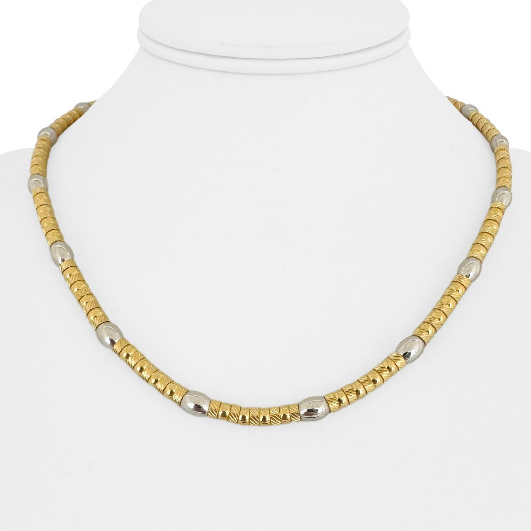 18k Yellow and White Gold 35g Two Tone Fancy Beaded Necklace Italy 18"