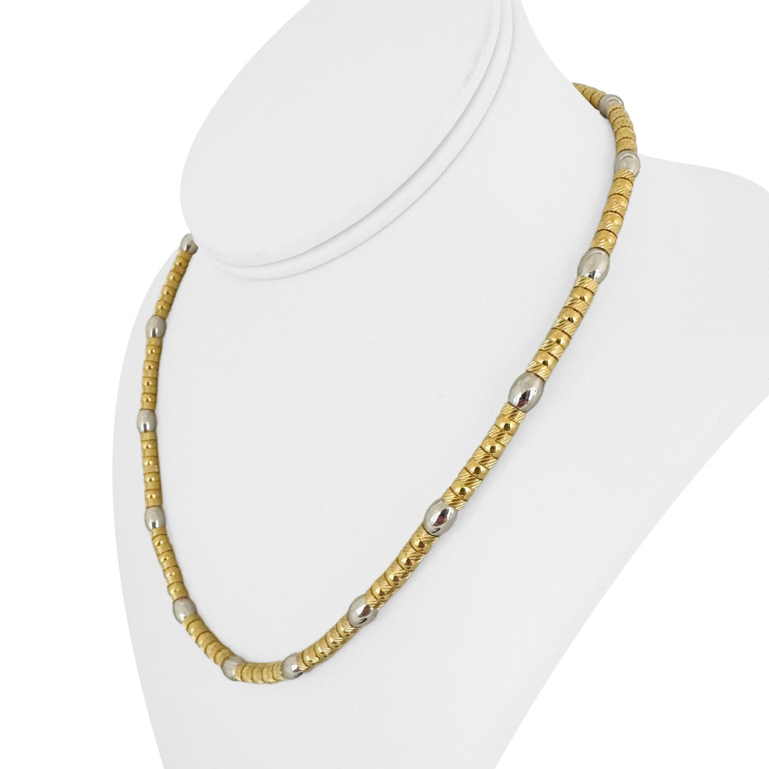 18k Yellow and White Gold 35g Two Tone Fancy Beaded Necklace Italy 18"