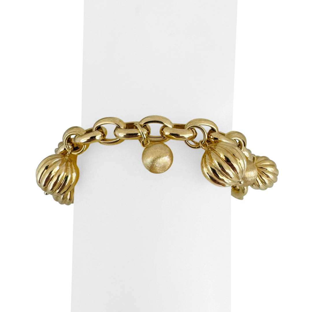 18k Yellow Gold 34.5g Ladies Cable Link and Ball Charm Bracelet Italy 7.5"